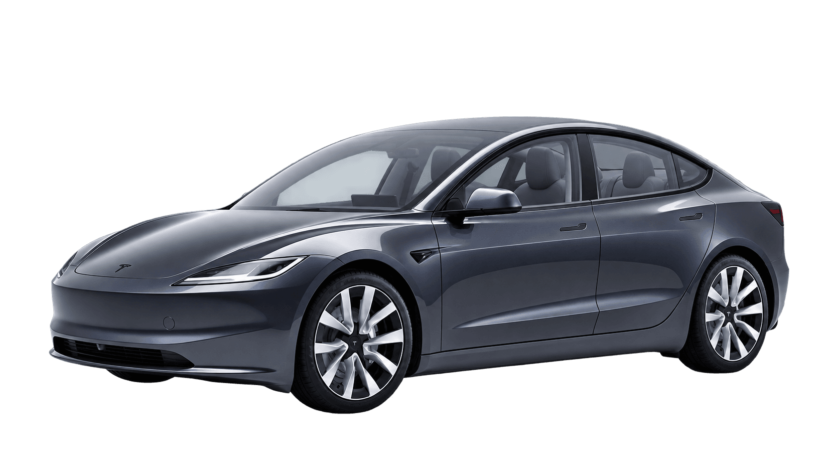 Tesla Model 3 alone in a front three-quarter view on a plain light-gray background