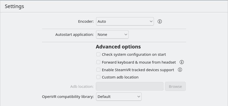 WiVRn encoder, autostart and advanced streaming settings, cropped from the official settings capture