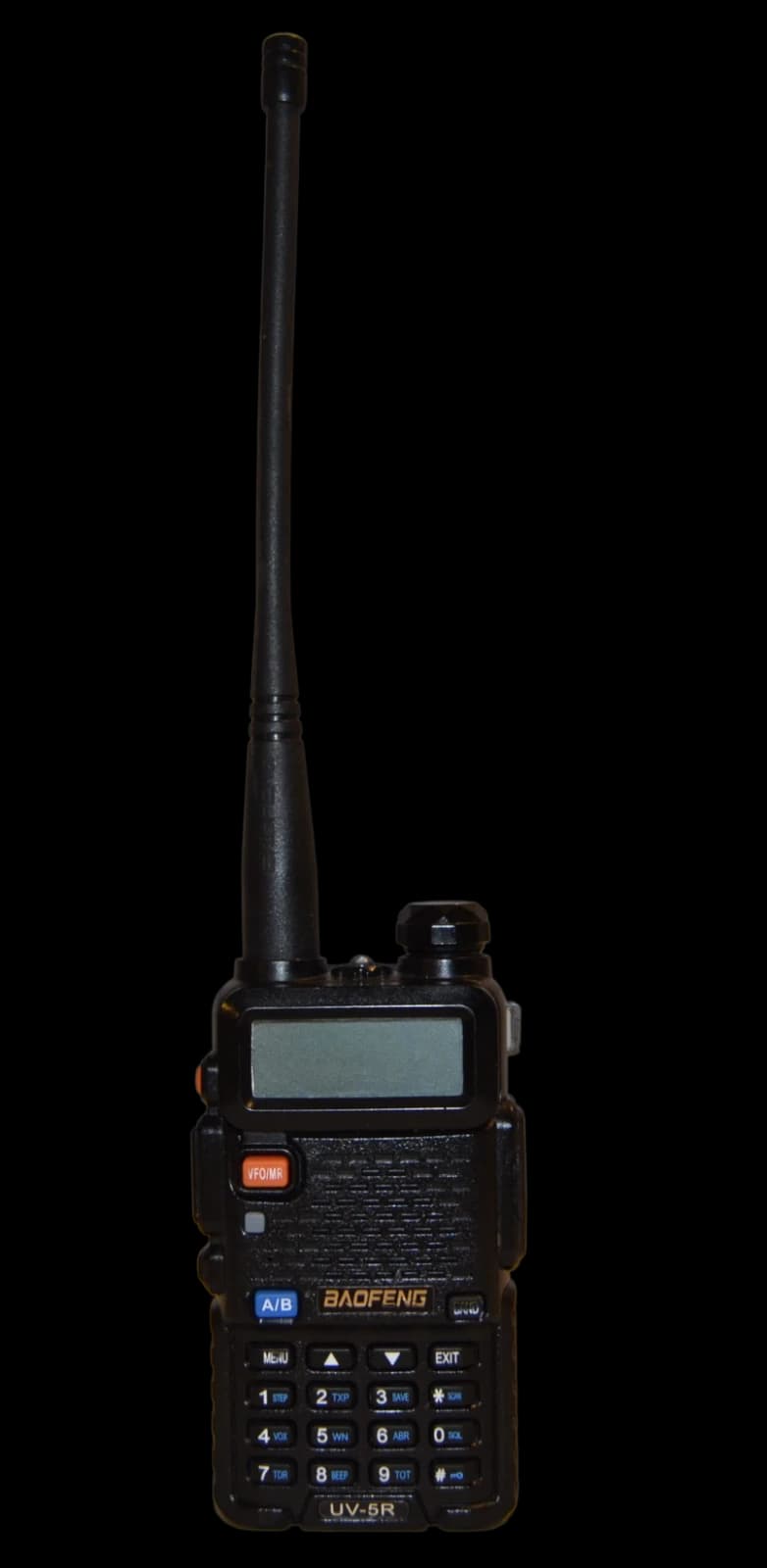 Front view of a black Baofeng UV-5R handheld radio with its antenna, isolated on transparency.