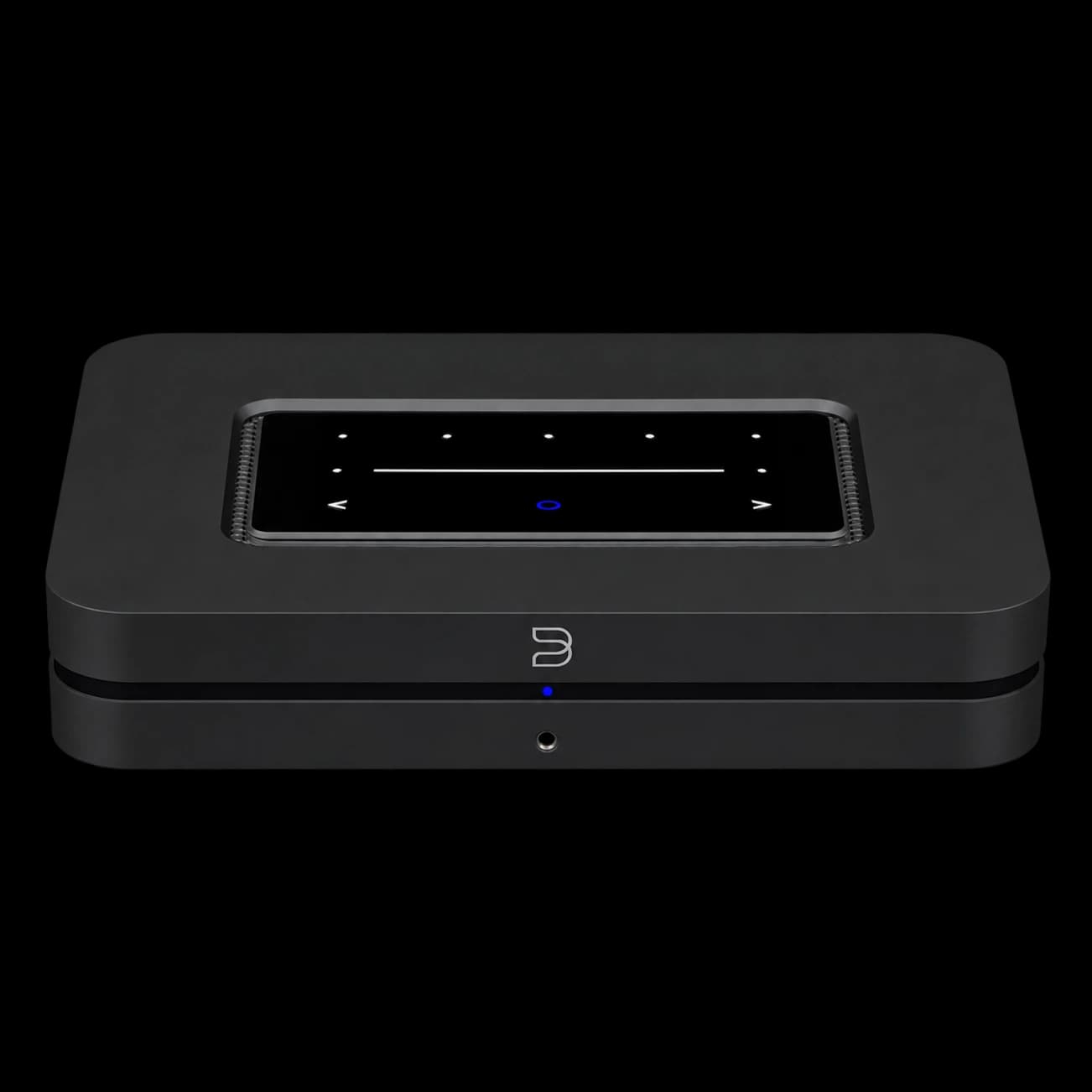 Black Bluesound NODE N130 from the front and above on a white background
