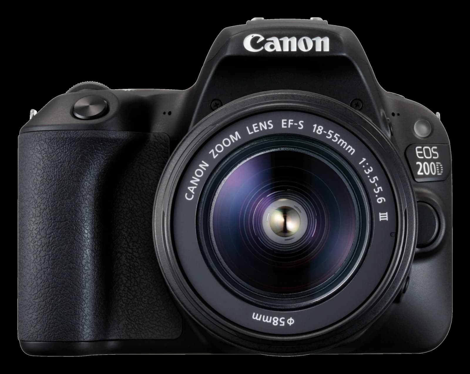 Canon EOS 200D with EF-S 18-55mm lens, front view on a transparent background