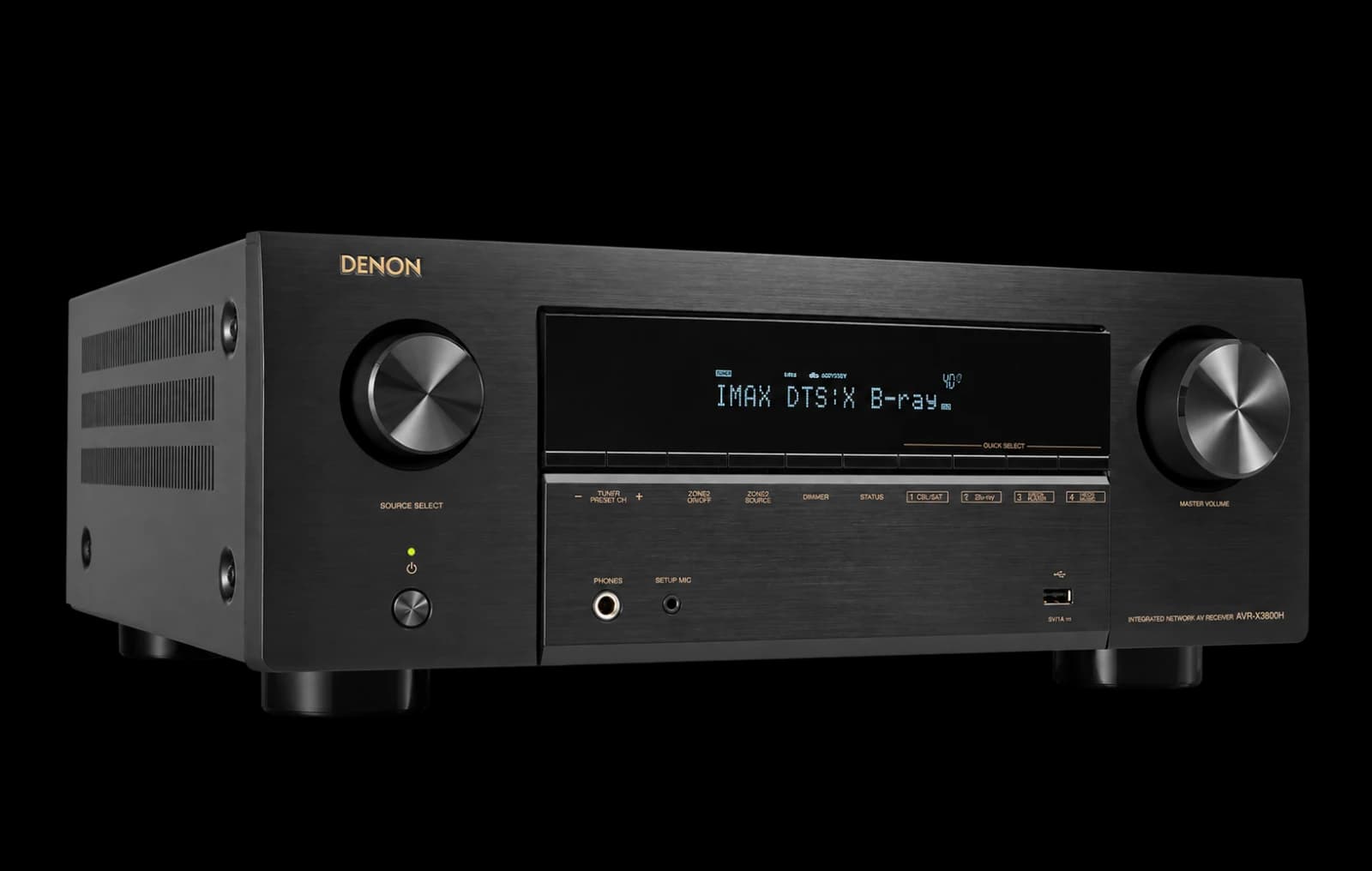 Black Denon AVR-X3800H receiver at an angle on an opaque white background