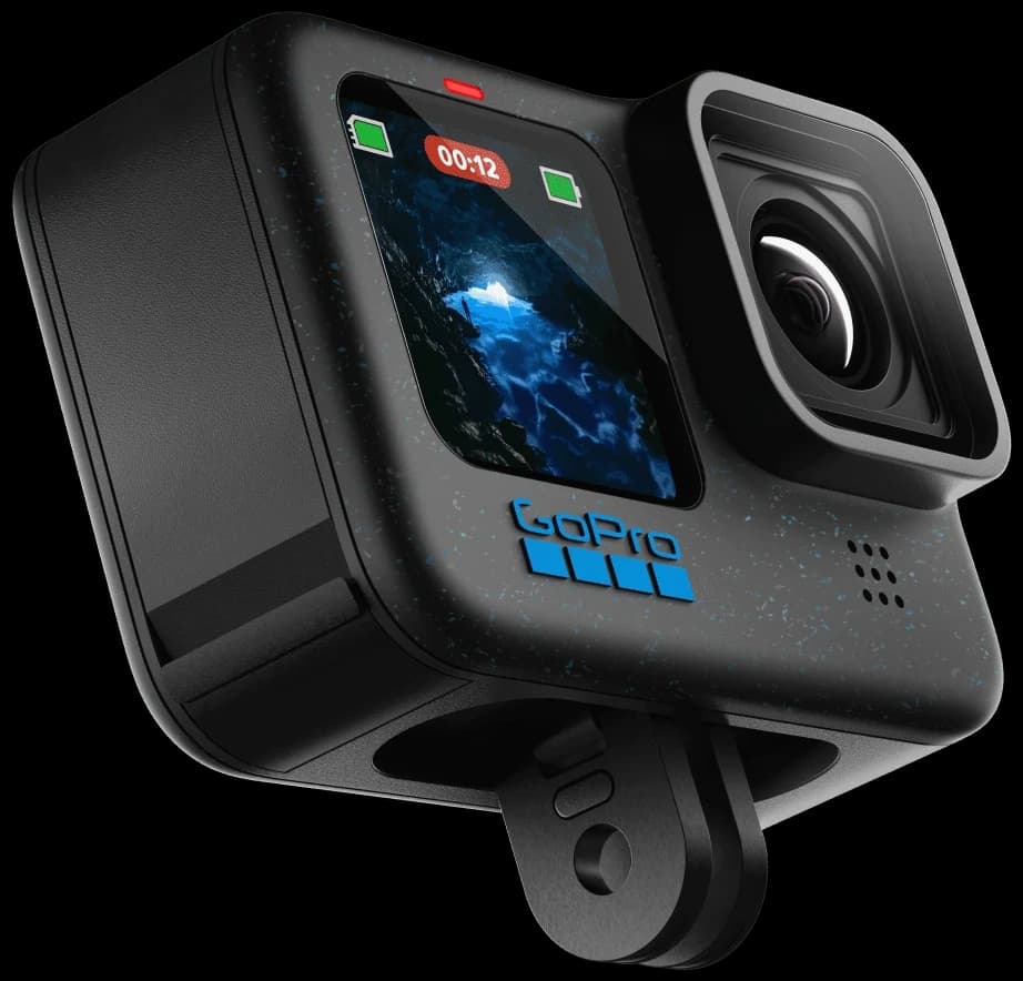 GoPro HERO12 Black, front three-quarter view with its front screen and lens