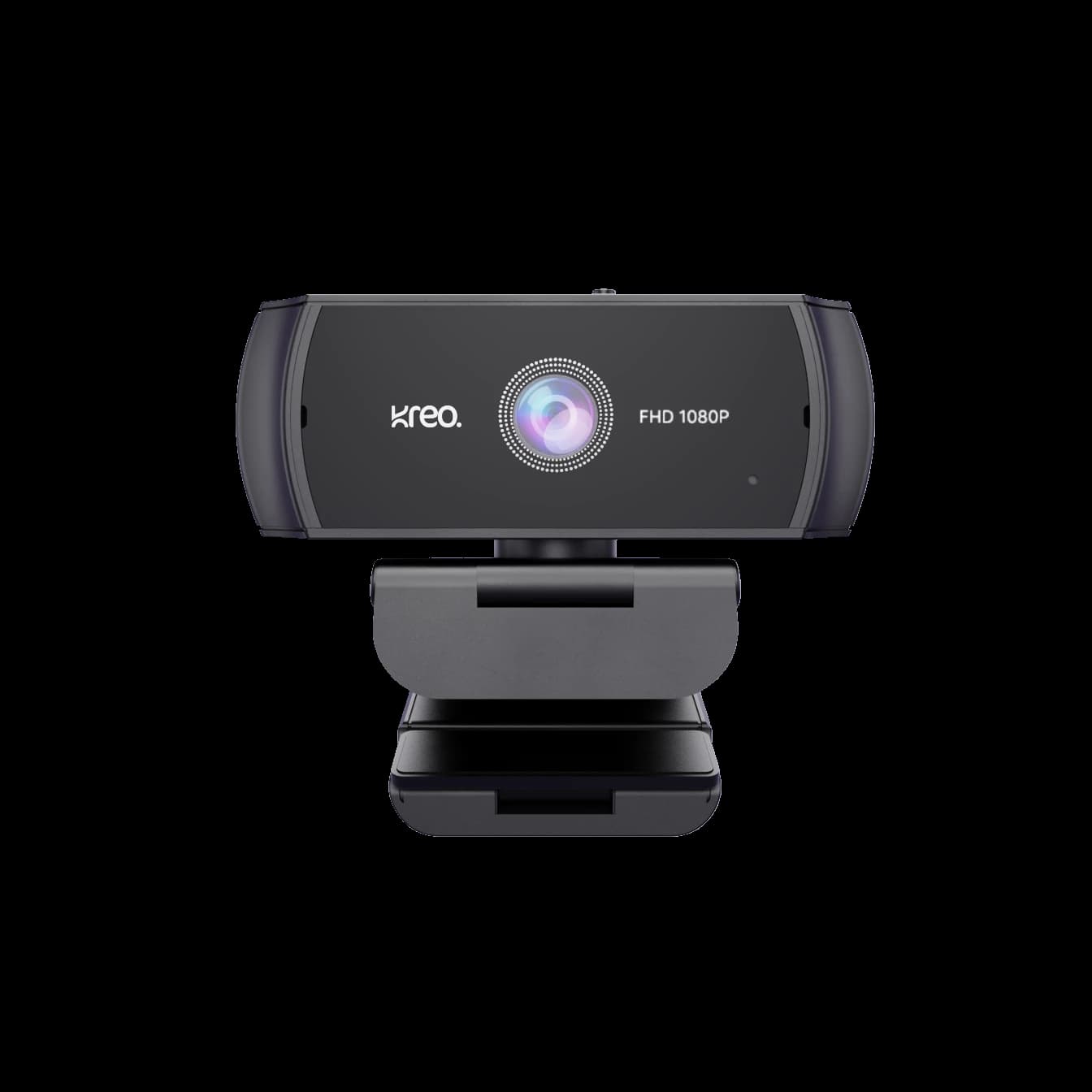 Kreo Owl Lite webcam with its complete mounting clip, manufacturer product render.
