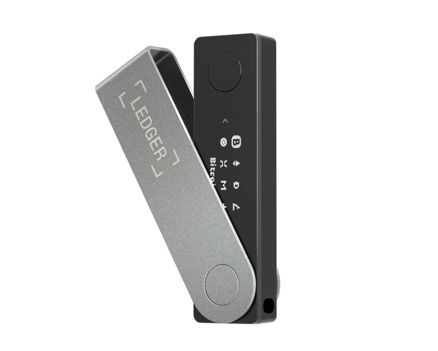 Ledger Nano X with its silver swivel cover open.