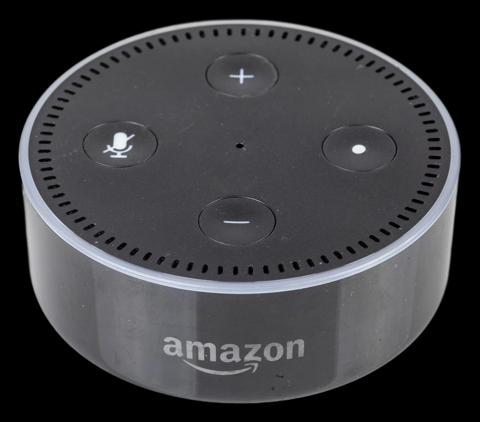 Black second-generation Echo Dot, seen from above at an angle