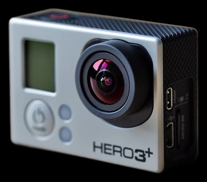 Silver GoPro HERO3+ Black camera, seen from the front left