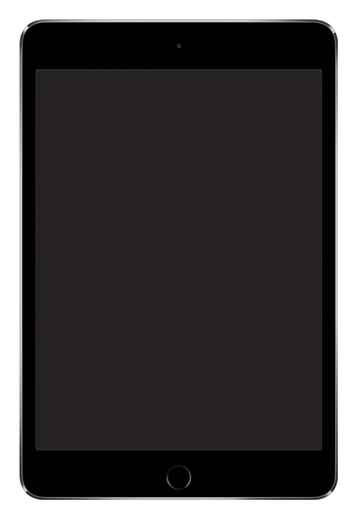 Space gray iPad mini 4, front, with a blank screen