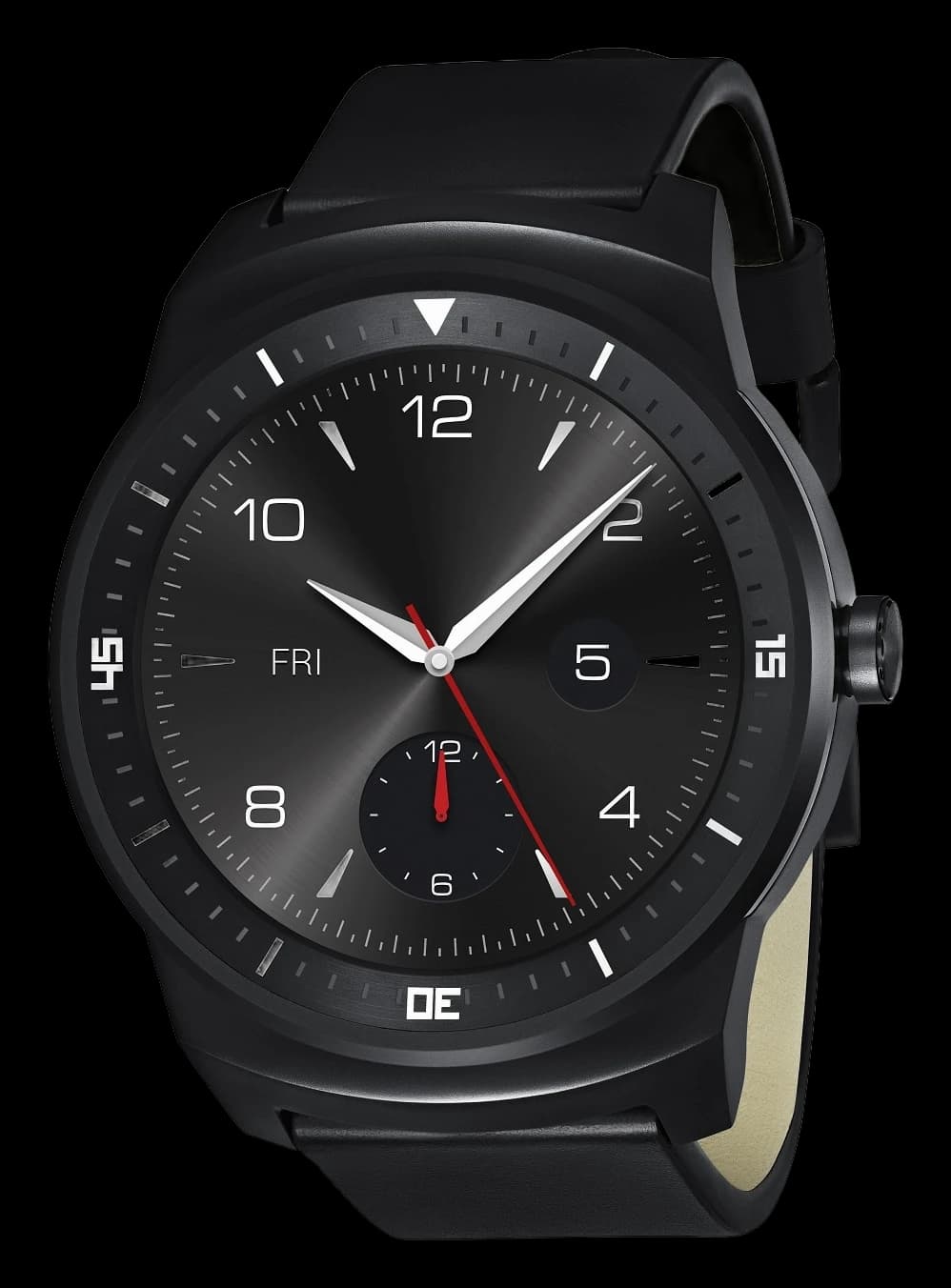 LG G Watch R smartwatch with a round analog watch face and black leather strap