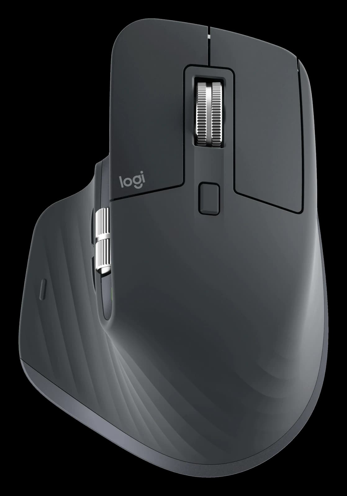 Logitech MX Master 3S mouse in graphite, top view, on a transparent background