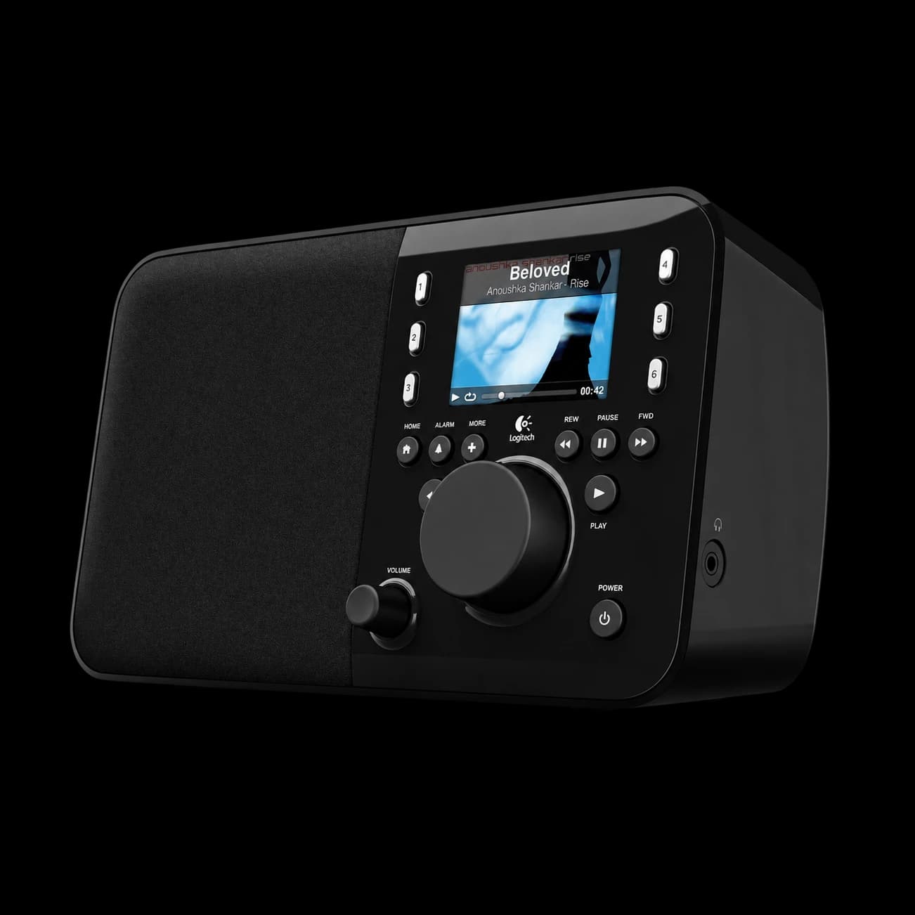 Black Logitech Squeezebox Radio, three-quarter front view on an opaque white background.