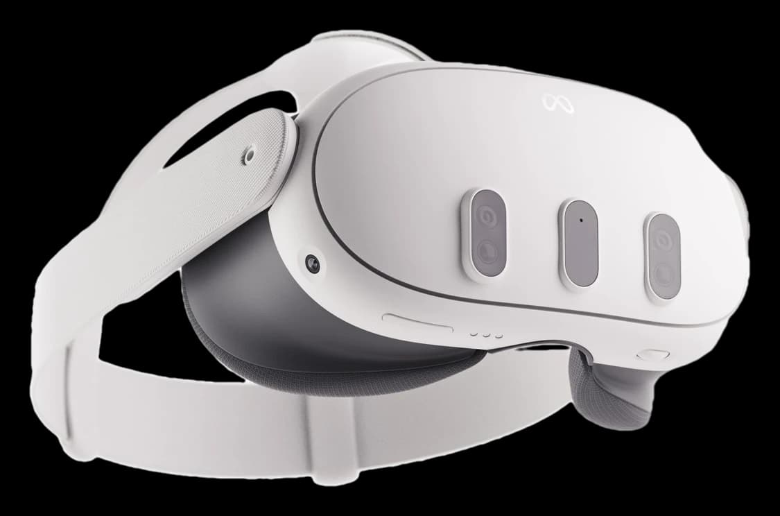 White Meta Quest 3 headset at an angle with its head strap