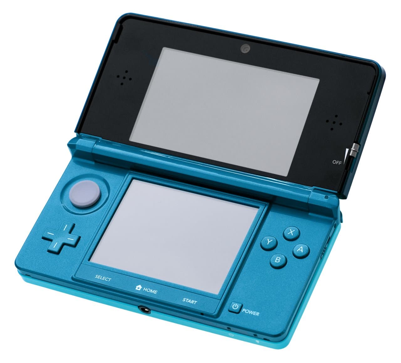 Aqua Blue Nintendo 3DS with the lid open
