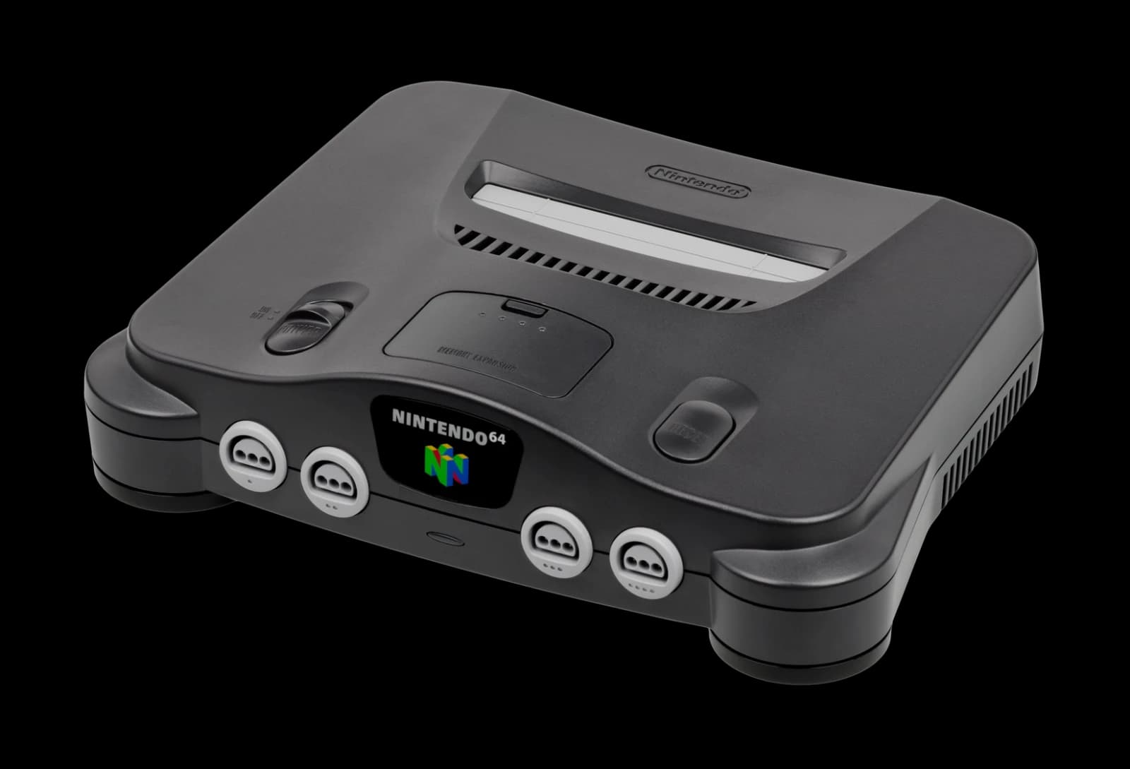 Black Nintendo 64 console viewed from the front left.