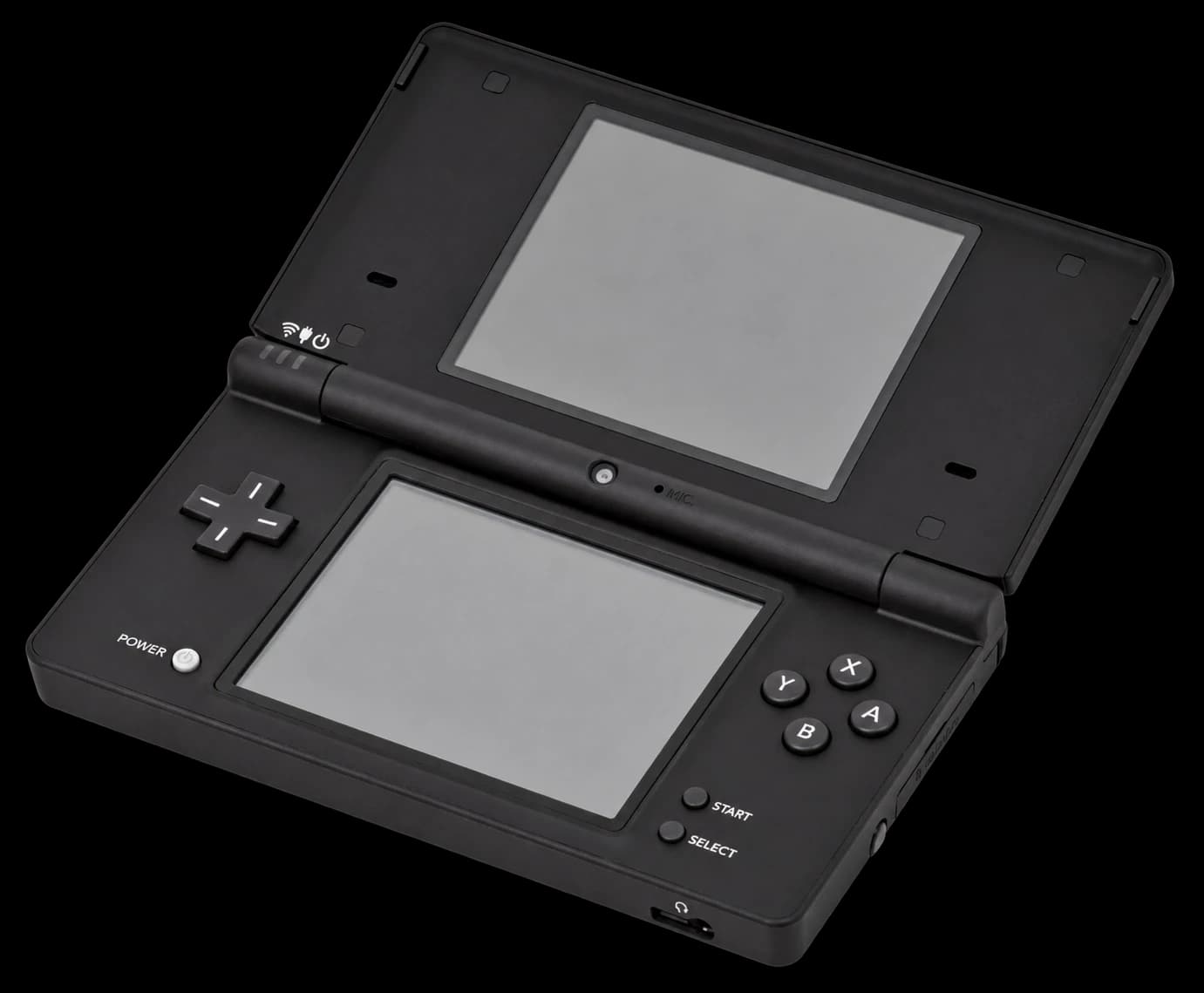 Black Nintendo DSi open with both screens visible