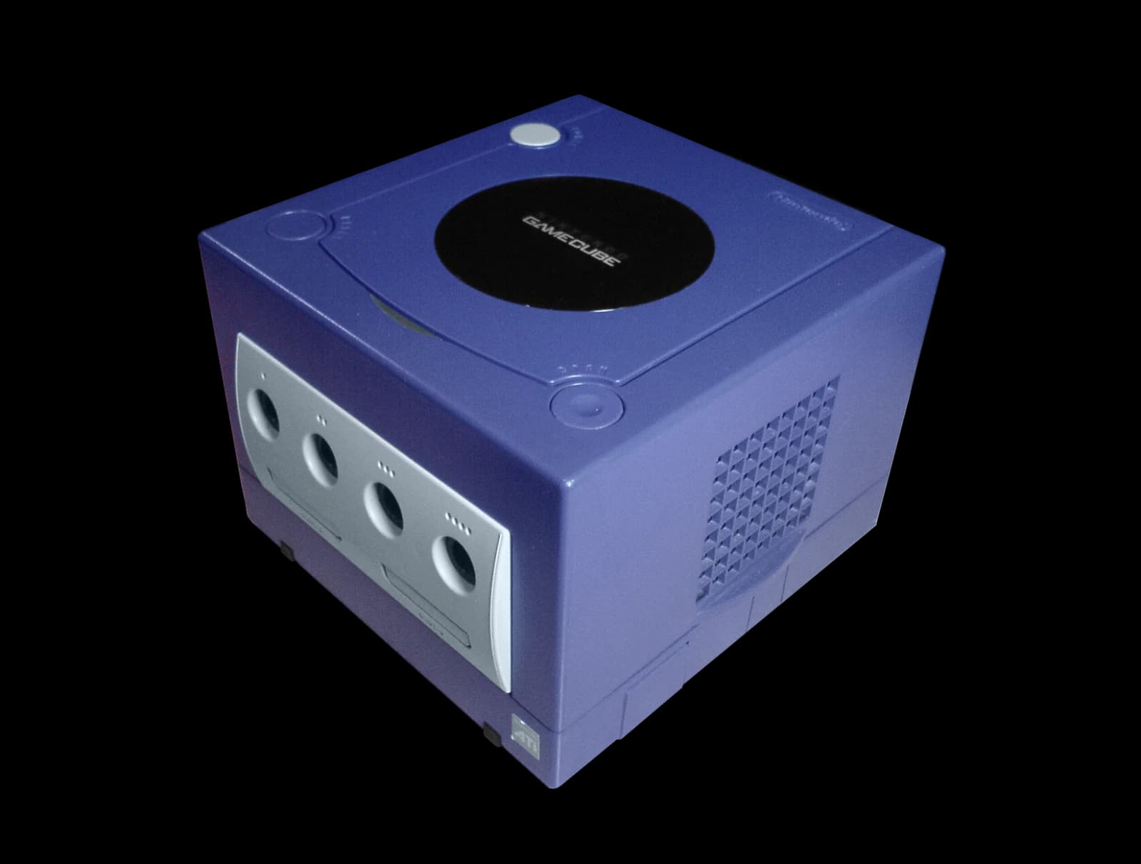 Purple Nintendo GameCube console, photographed from the front left.