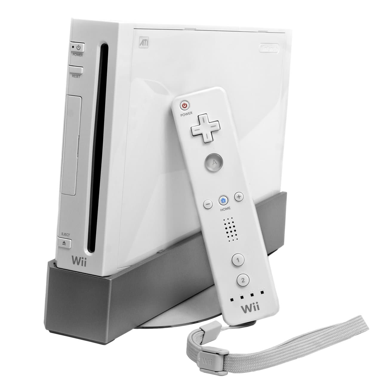 White Nintendo Wii console on its stand with Wii Remote