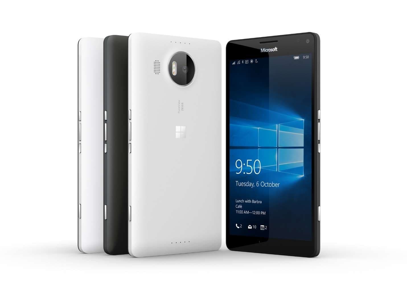 Microsoft Lumia 950 XL phones shown from the front and rear in black and white.