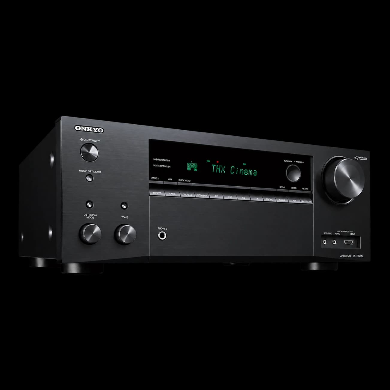 Black Onkyo TX-NR696 receiver at an angle on an opaque white background
