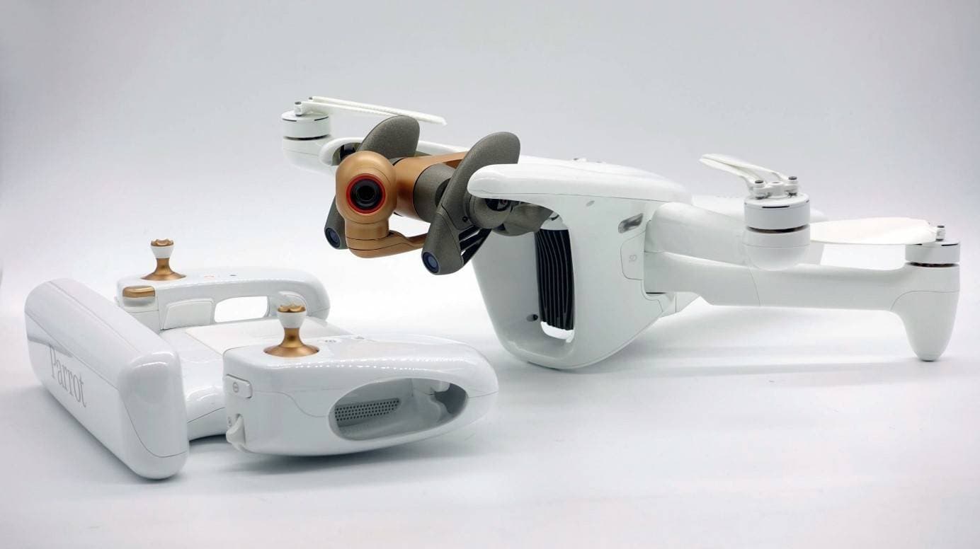 Parrot ANAFI Ai drone and Skycontroller on a light background.