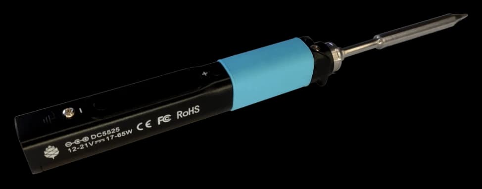 PINE64 Pinecil V1 soldering iron with blue grip and installed tip