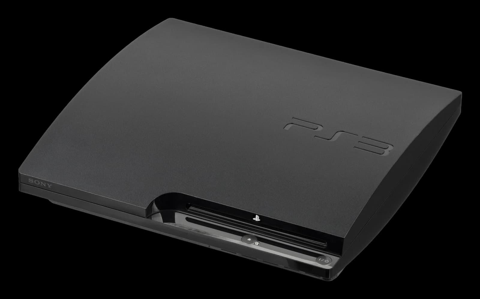 Black PlayStation 3 Slim, seen from the front left