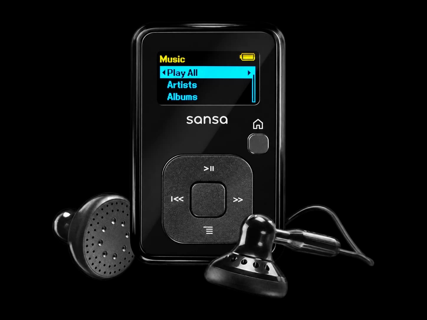 Black SanDisk Sansa Clip+ player with included earbuds