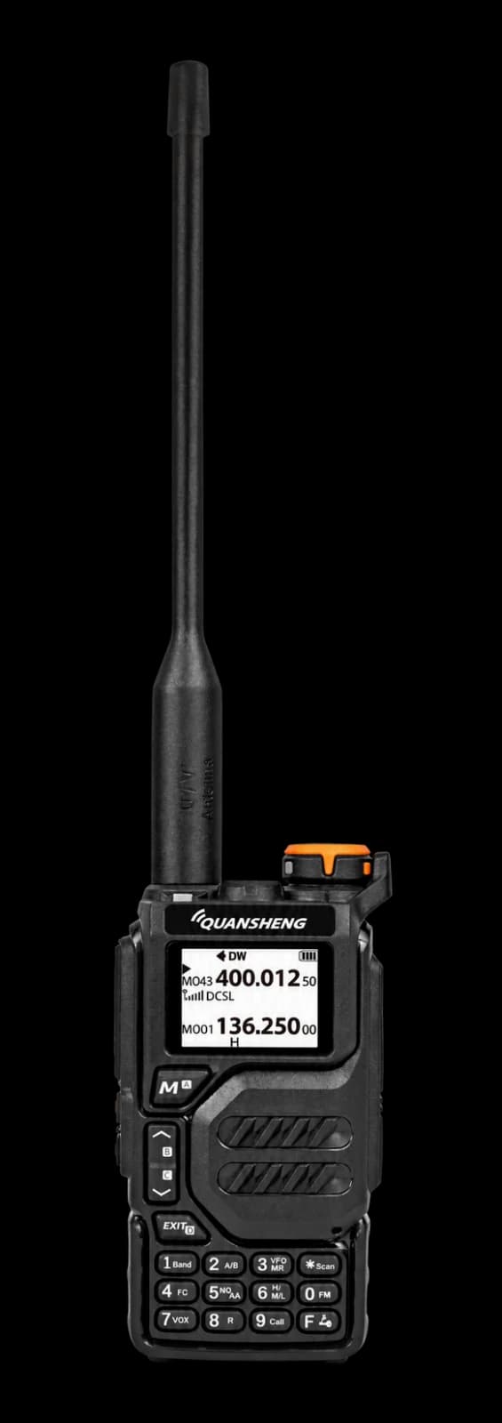 Complete front view of the original Quansheng UV-K5 radio and antenna on an opaque light background.
