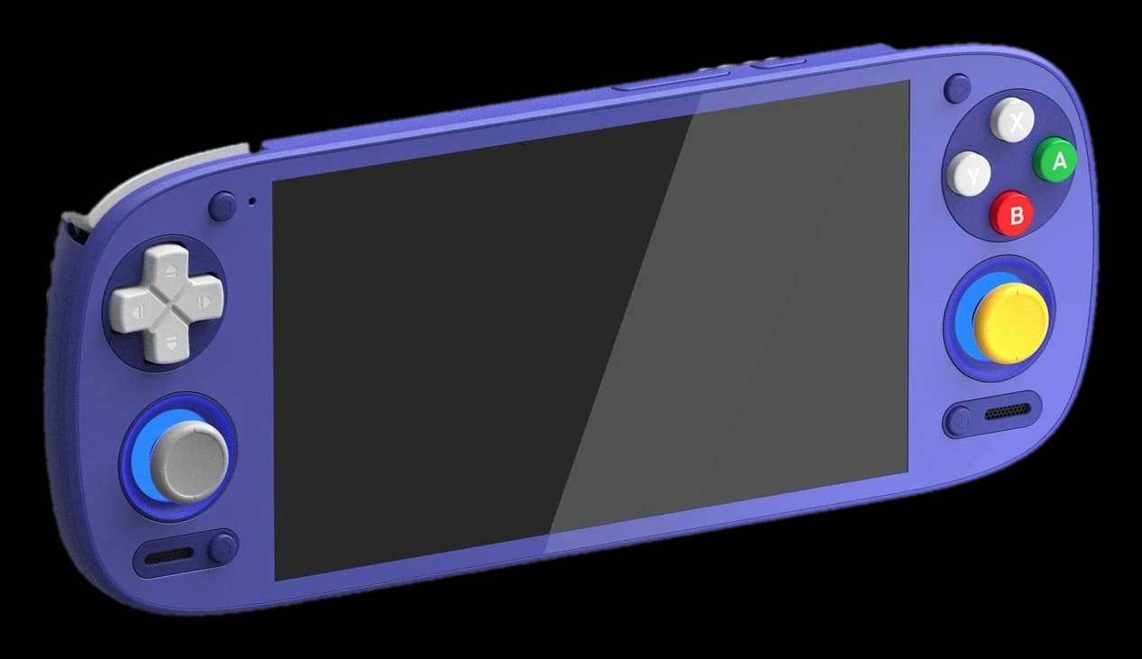 Retroid Pocket 5 handheld in purple, front three-quarter view