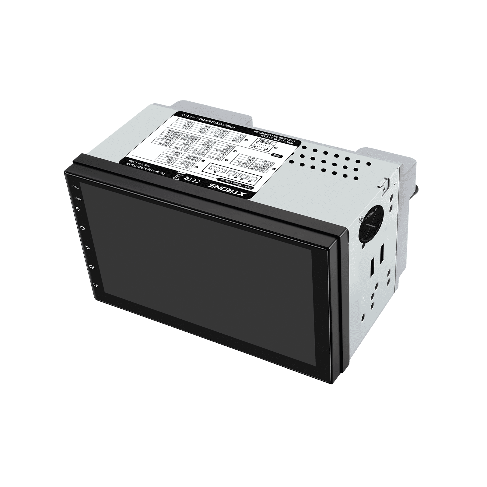 XTRONS TIMH700L Android head unit, complete front screen and chassis in side view.