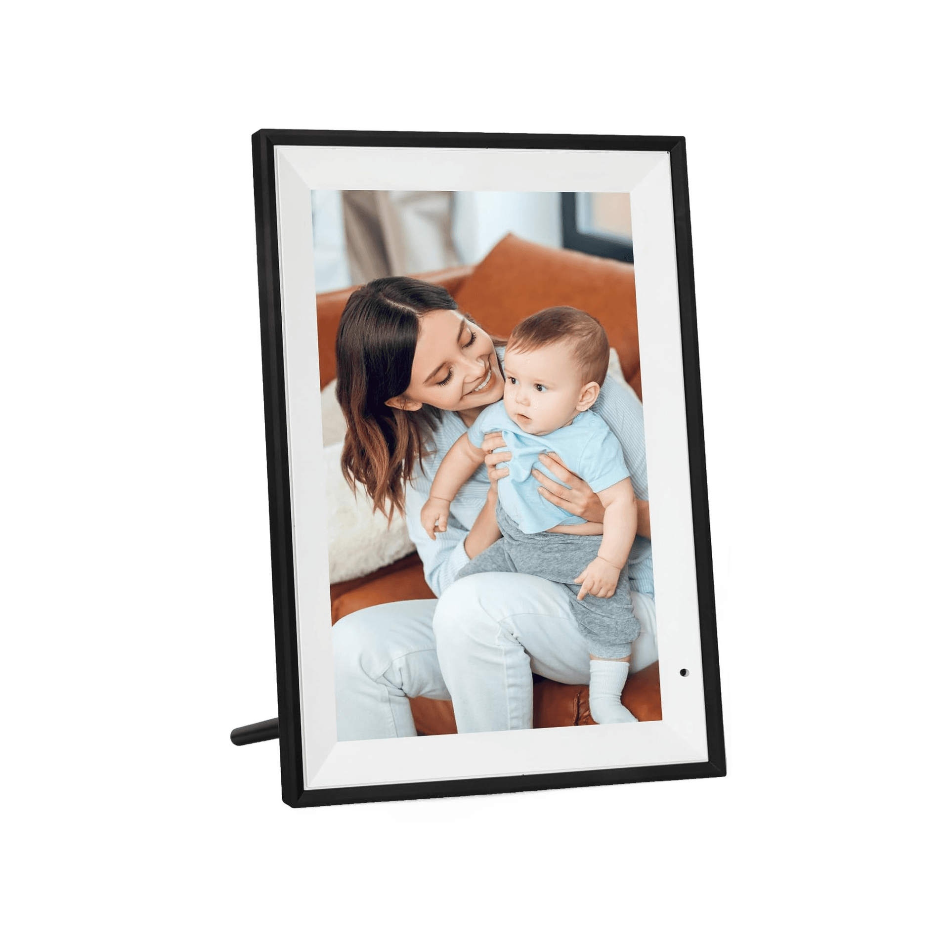 AiMOR PF1007 digital photo frame shown in portrait orientation with its stand.