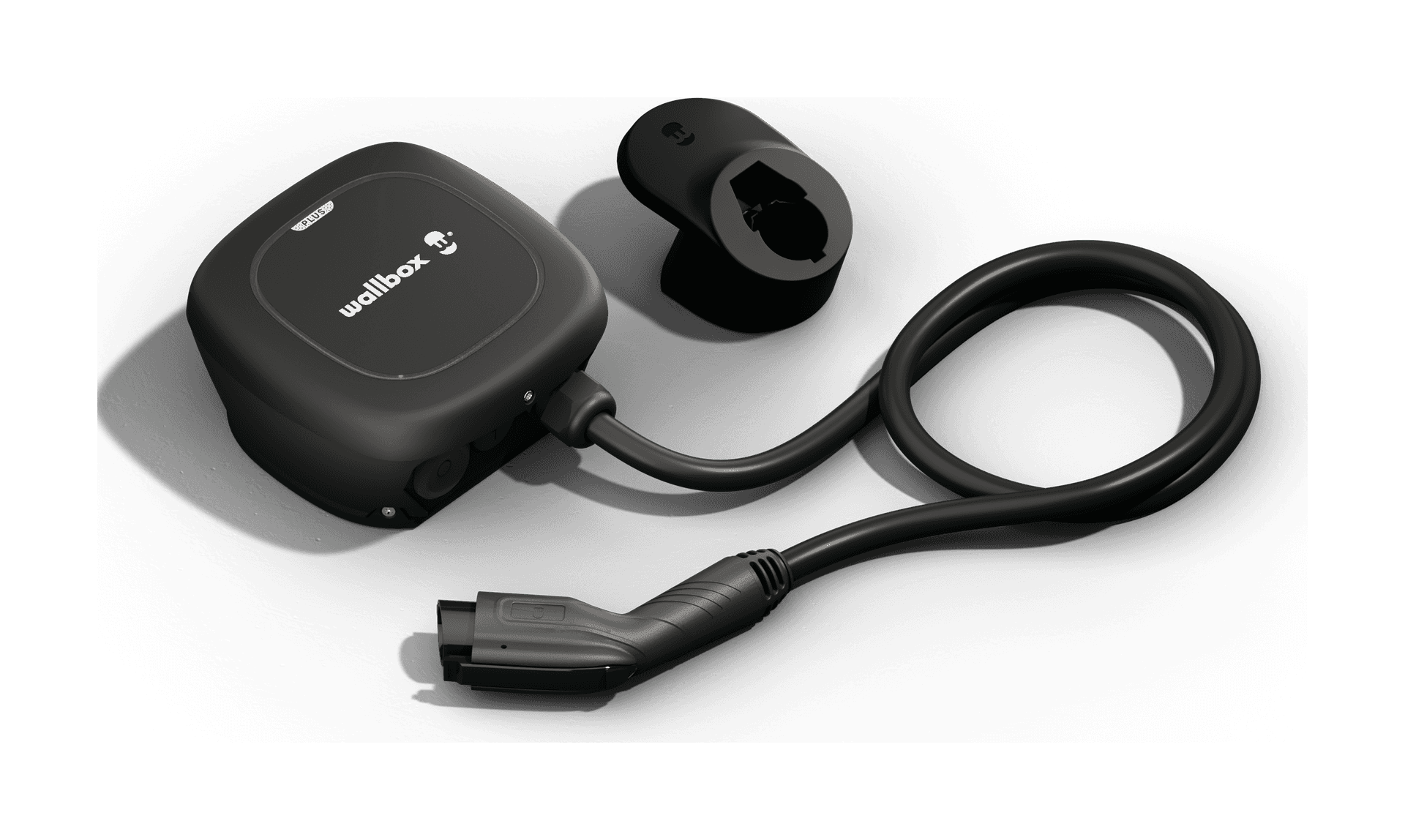 A black Wallbox Pulsar Plus with cable and connector isolated