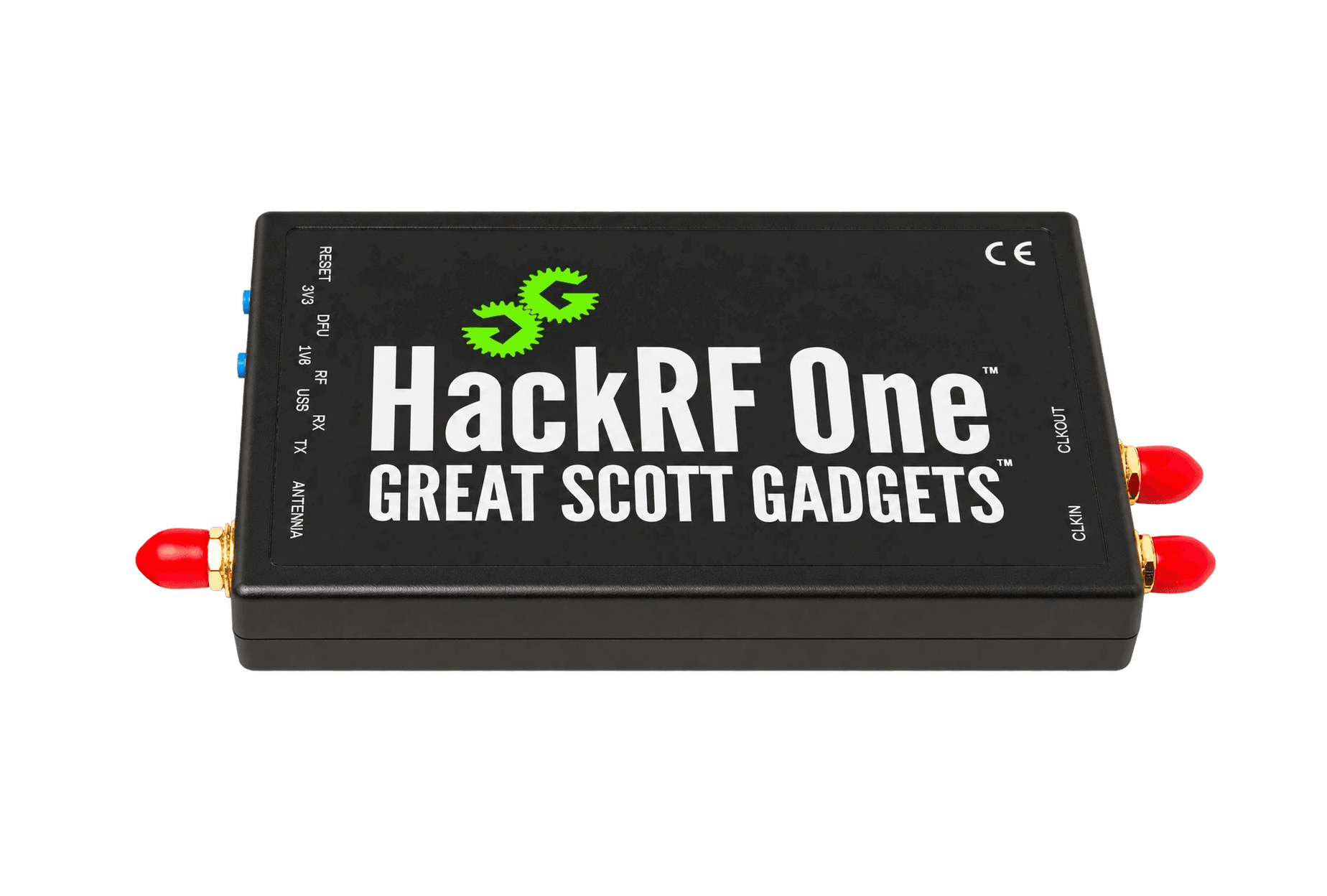HackRF One radio with three protective red connector caps