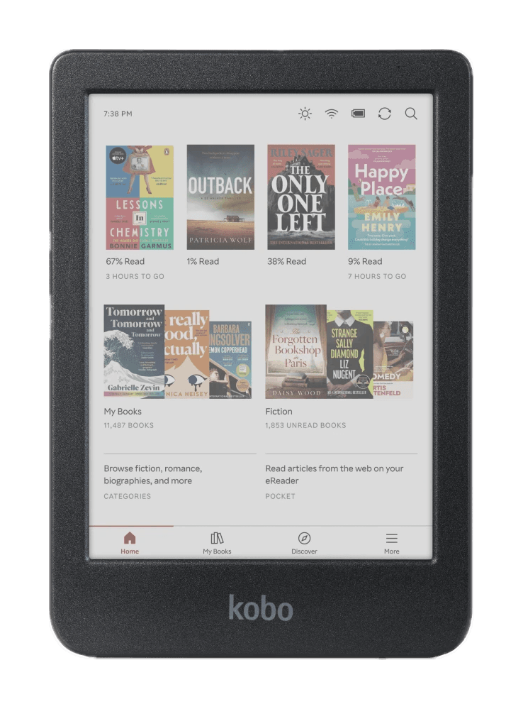 Black Kobo Clara Colour showing a library of book covers