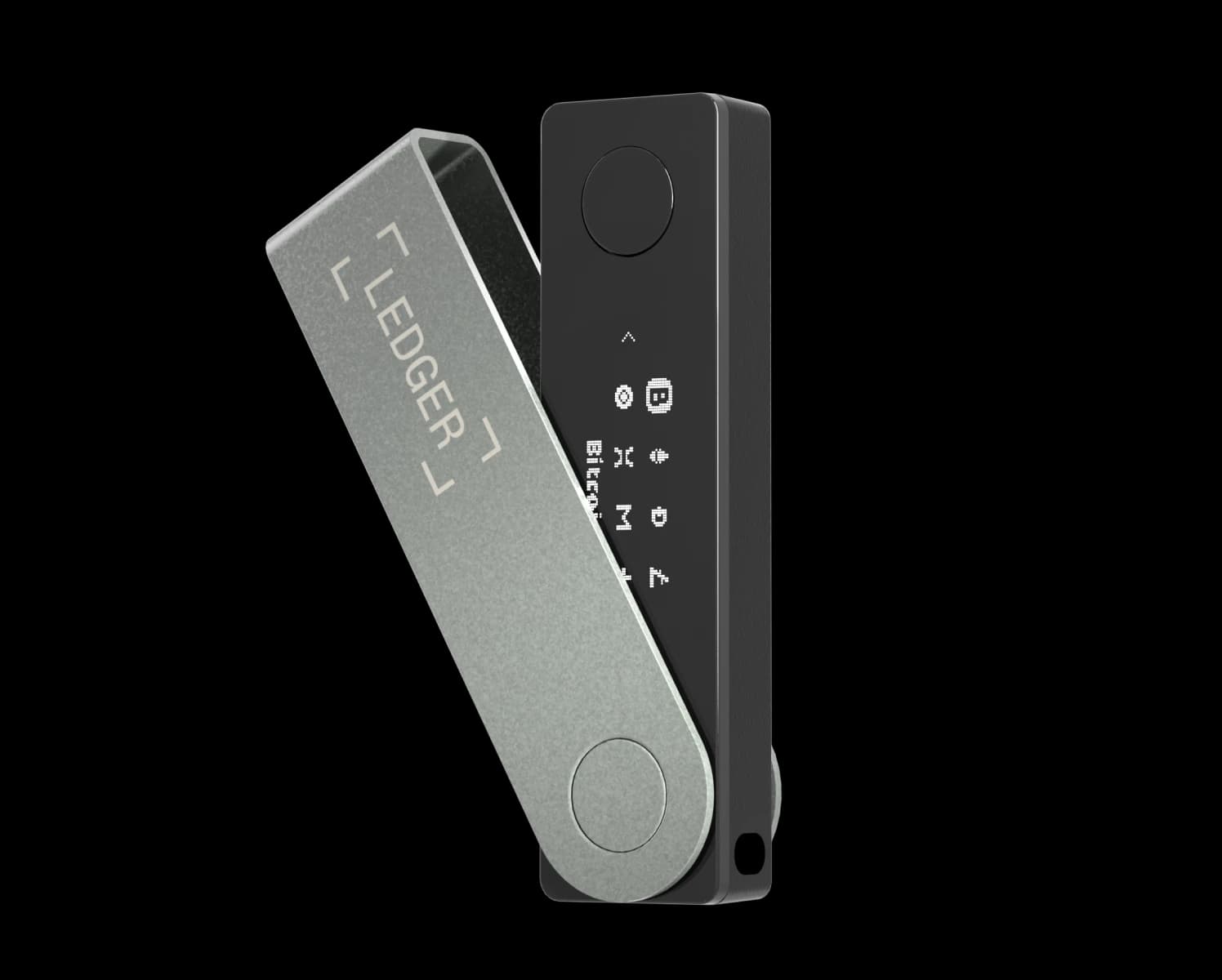 Ledger Nano X with its silver swivel cover open.