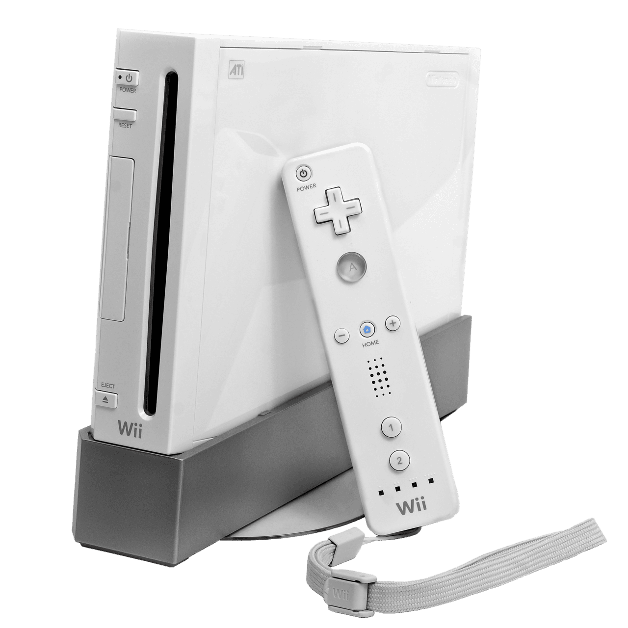 White Nintendo Wii console on its stand with Wii Remote