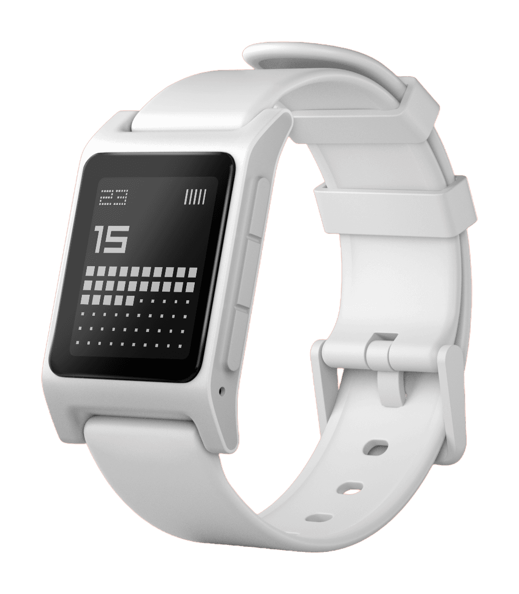 White Pebble 2 Duo watch with the complete case, buckle and strap