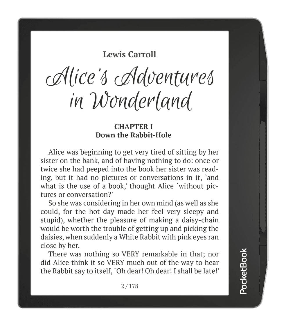 PocketBook Era showing the first page of Alice's Adventures in Wonderland