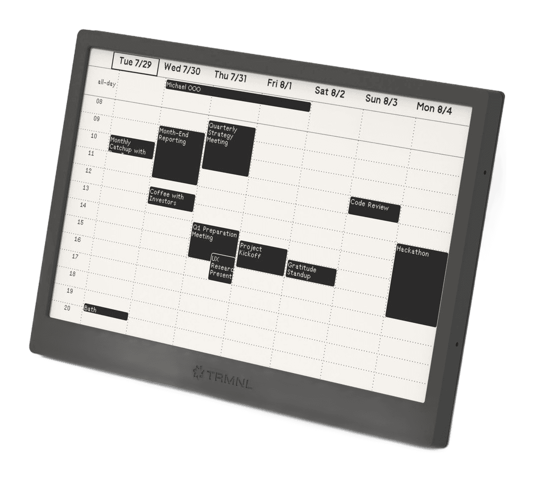 Black TRMNL OG e-paper display showing a calendar.