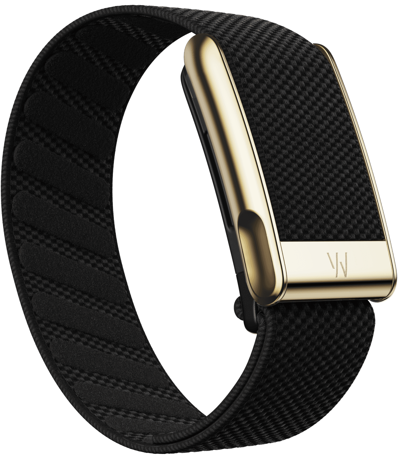 WHOOP 5.0/MG with a black SuperKnit Luxe band and gold clasp.