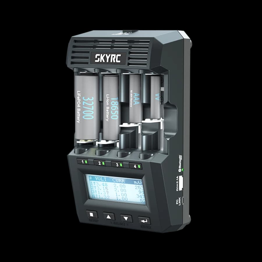 SKYRC MC3000 charger with four cylindrical cells