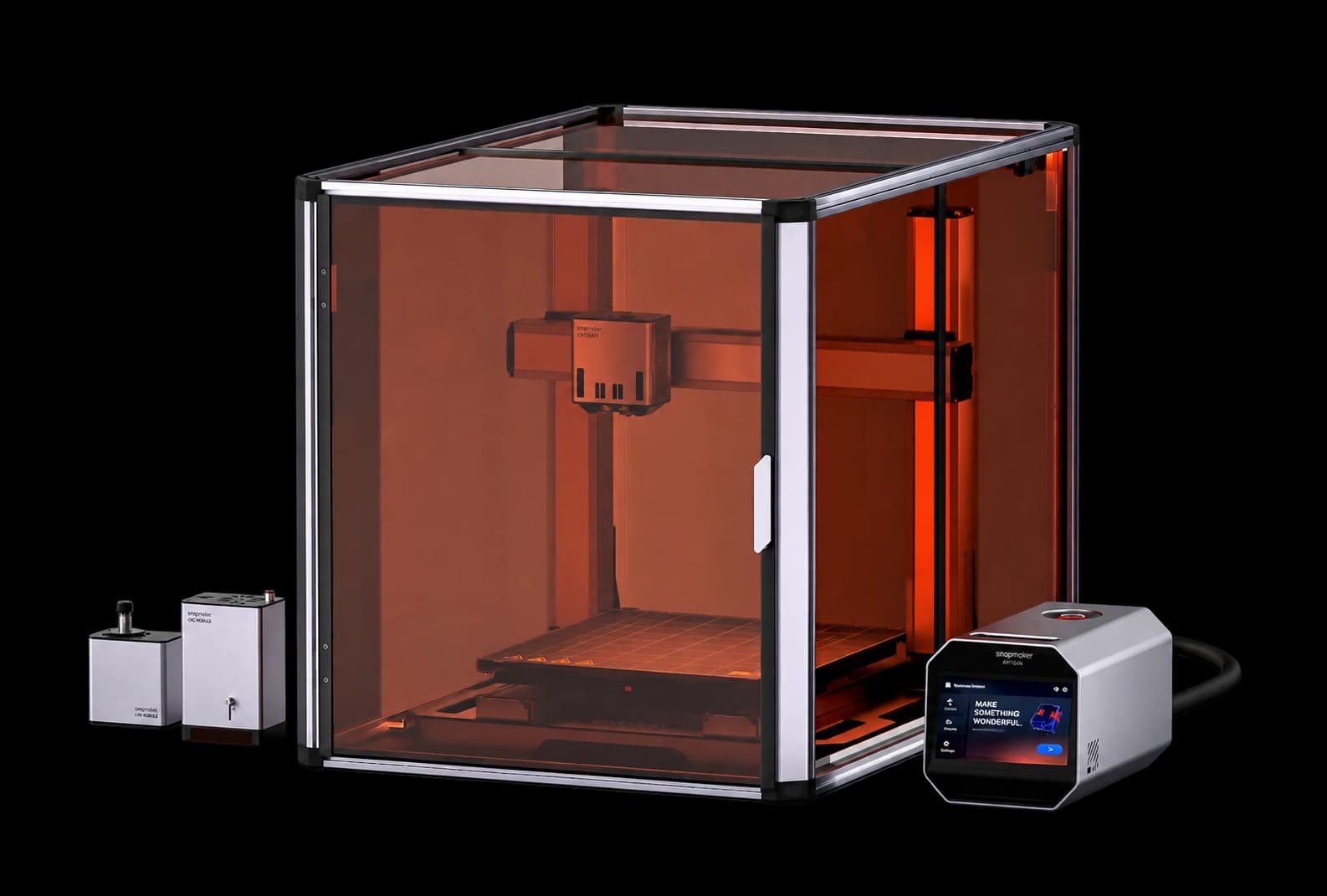 Snapmaker Artisan with enclosure and controller on an opaque black studio background.