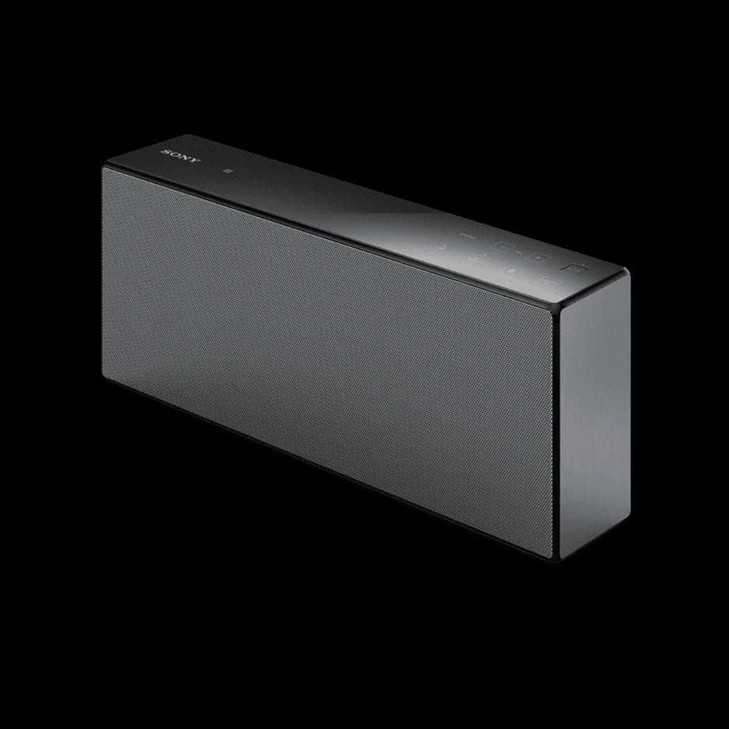 Black Sony SRS-X77 speaker, three-quarter front product cutout.