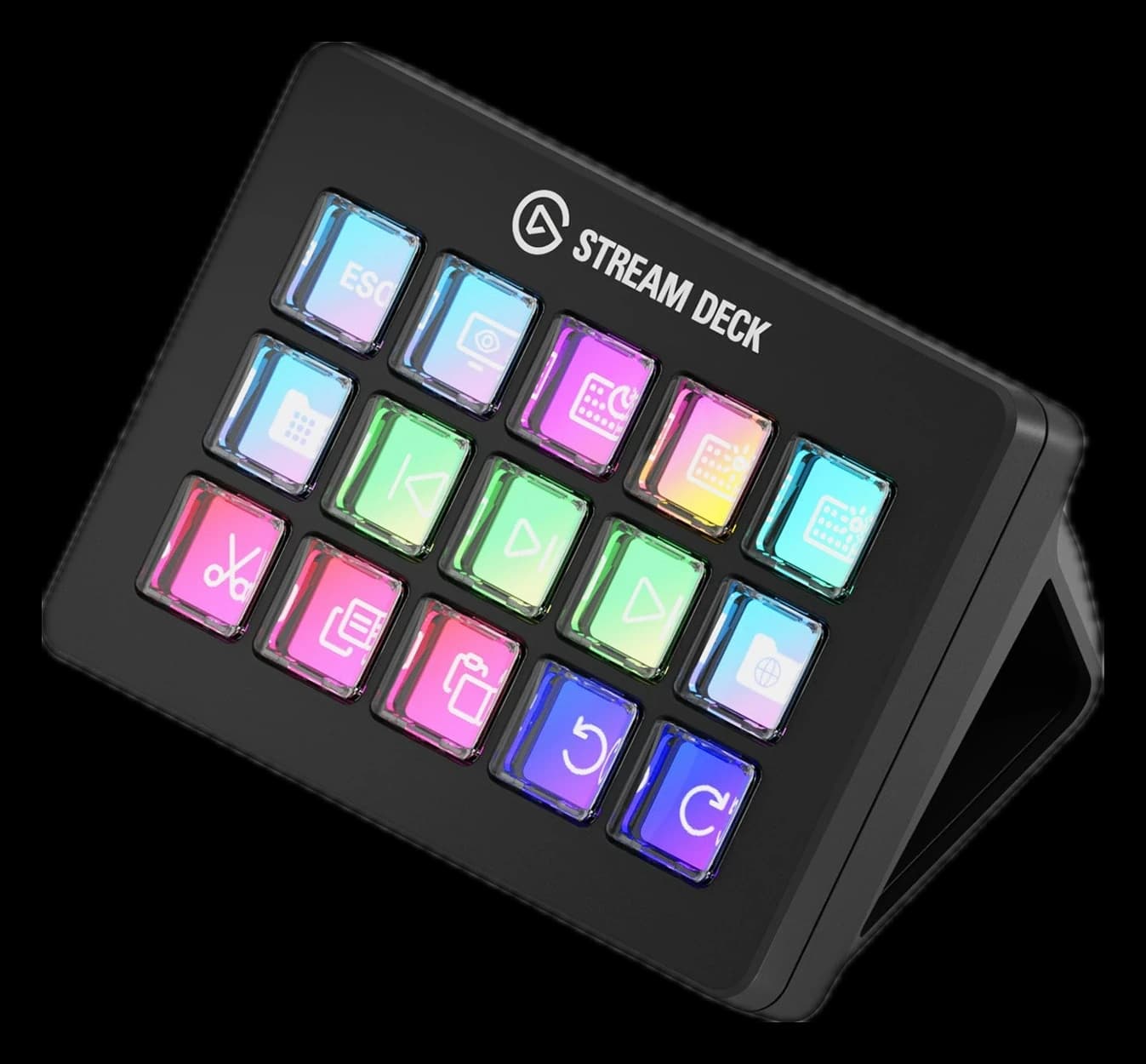 Stream Deck MK.2 with 15 lit keys on its stand, alone on a plain light background