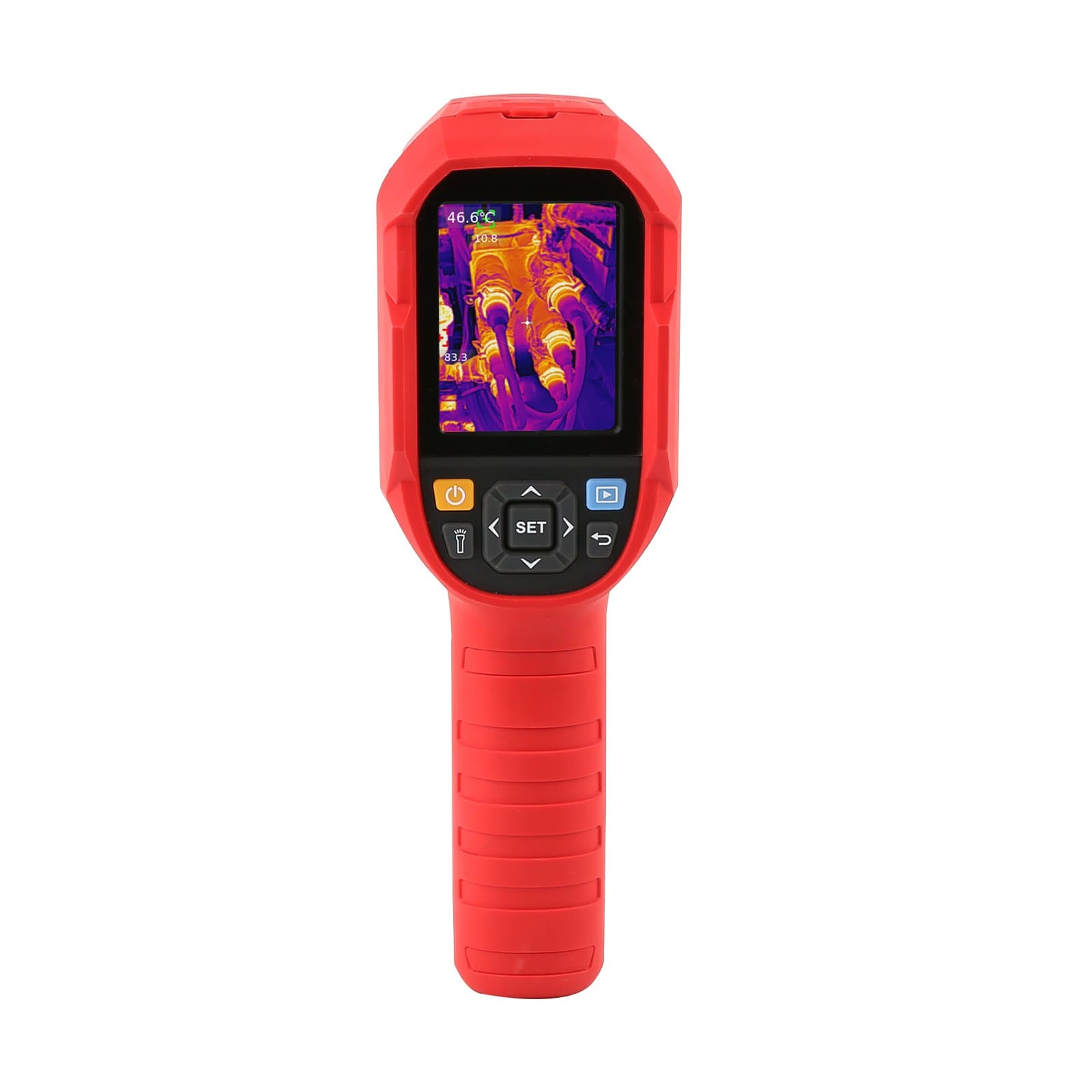 UNI-T UTi260B+ handheld thermal camera shown from the screen side.
