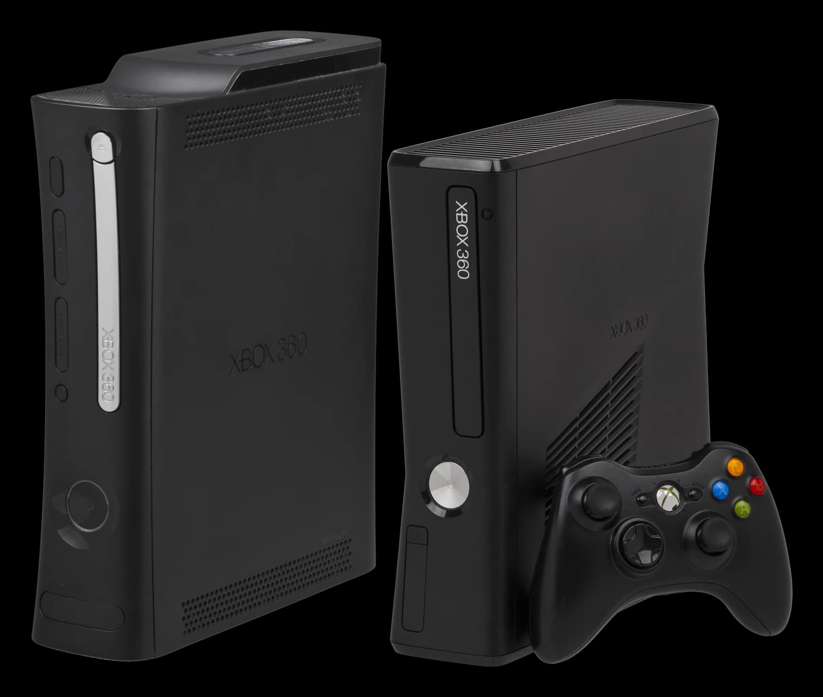Black Xbox 360 Elite and Xbox 360 S consoles with a wireless controller