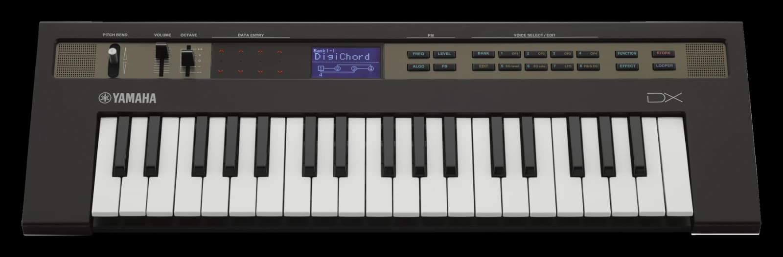 Yamaha reface DX synthesizer viewed from above.