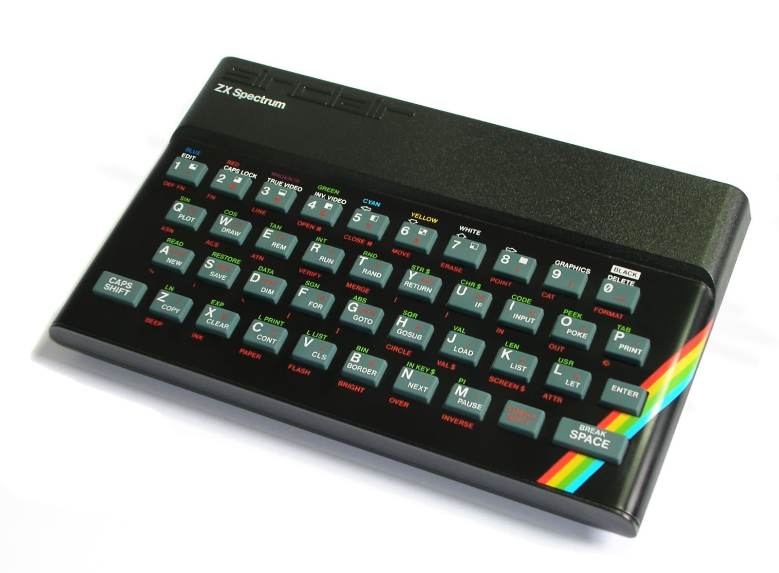 Sinclair ZX Spectrum 48K with rubber keyboard and rainbow case stripe.