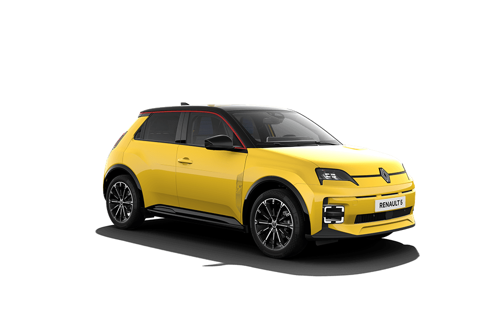 Yellow Renault 5 E-Tech electric on a transparent background