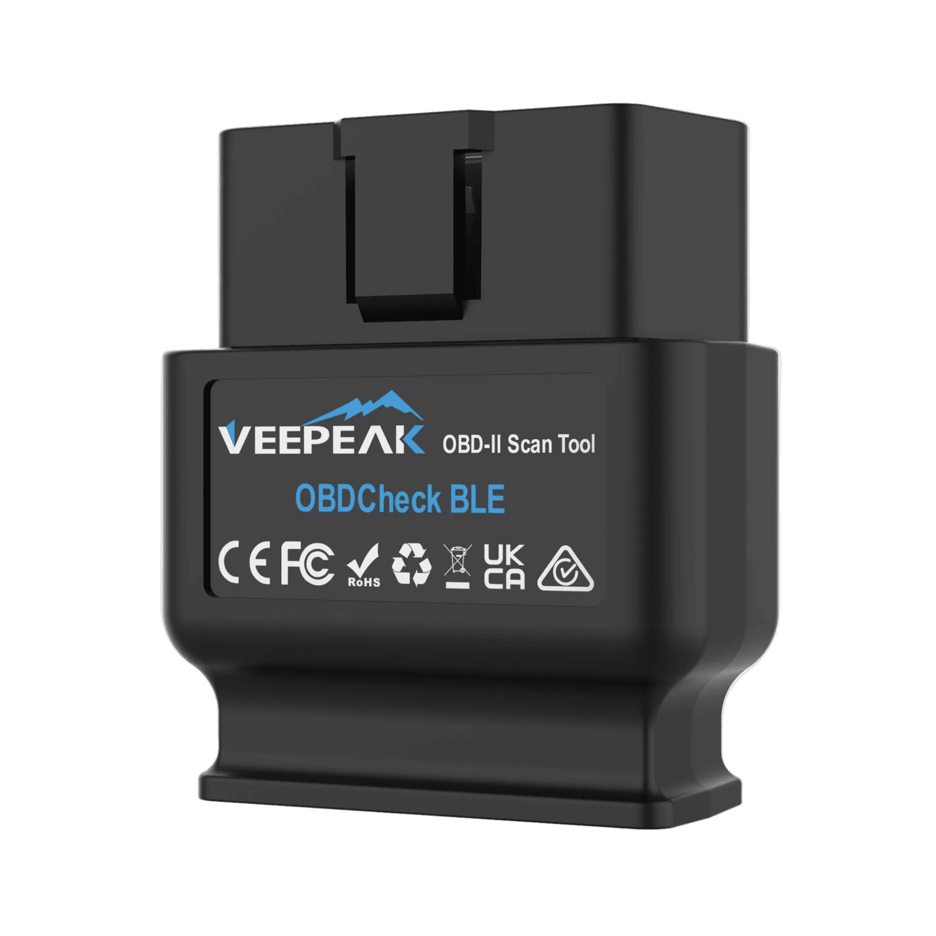 A single black Veepeak OBDCheck BLE adapter on a transparent background